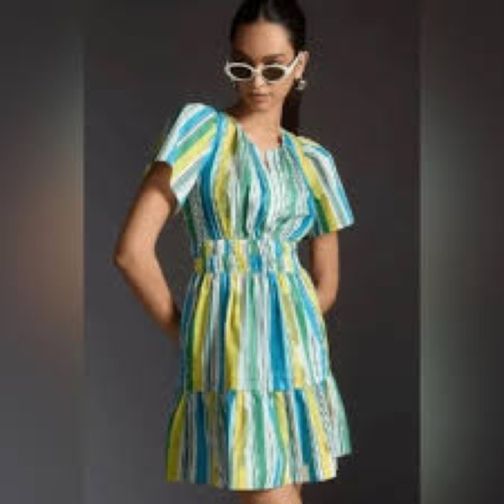 NWT | Anthropologie | The Somerset Striped Tiered Mini | Green/Yellow/Blue | L 🕗